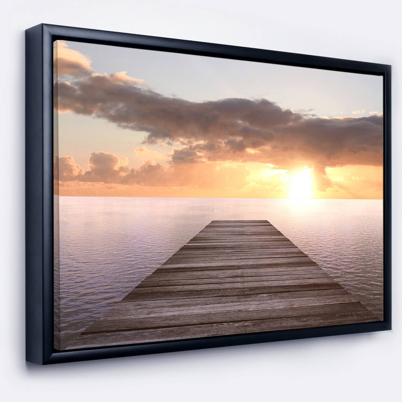 Designart - Yellow Sea and Brown Pier - Seascape Canvas Art Print in Black Frame